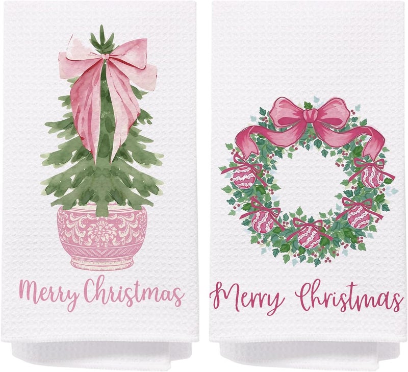 SPBL&L Chinoiserie Christmas Kitchen Towels, Pink Bow Coquette Christmas Tree Dish Towels for Kitchen Bathroom, Pink Christmas Hand Towels for Bathroom Kitchen, Grandmillennial Decor,Set of 2,16x24 Inches - Image 1